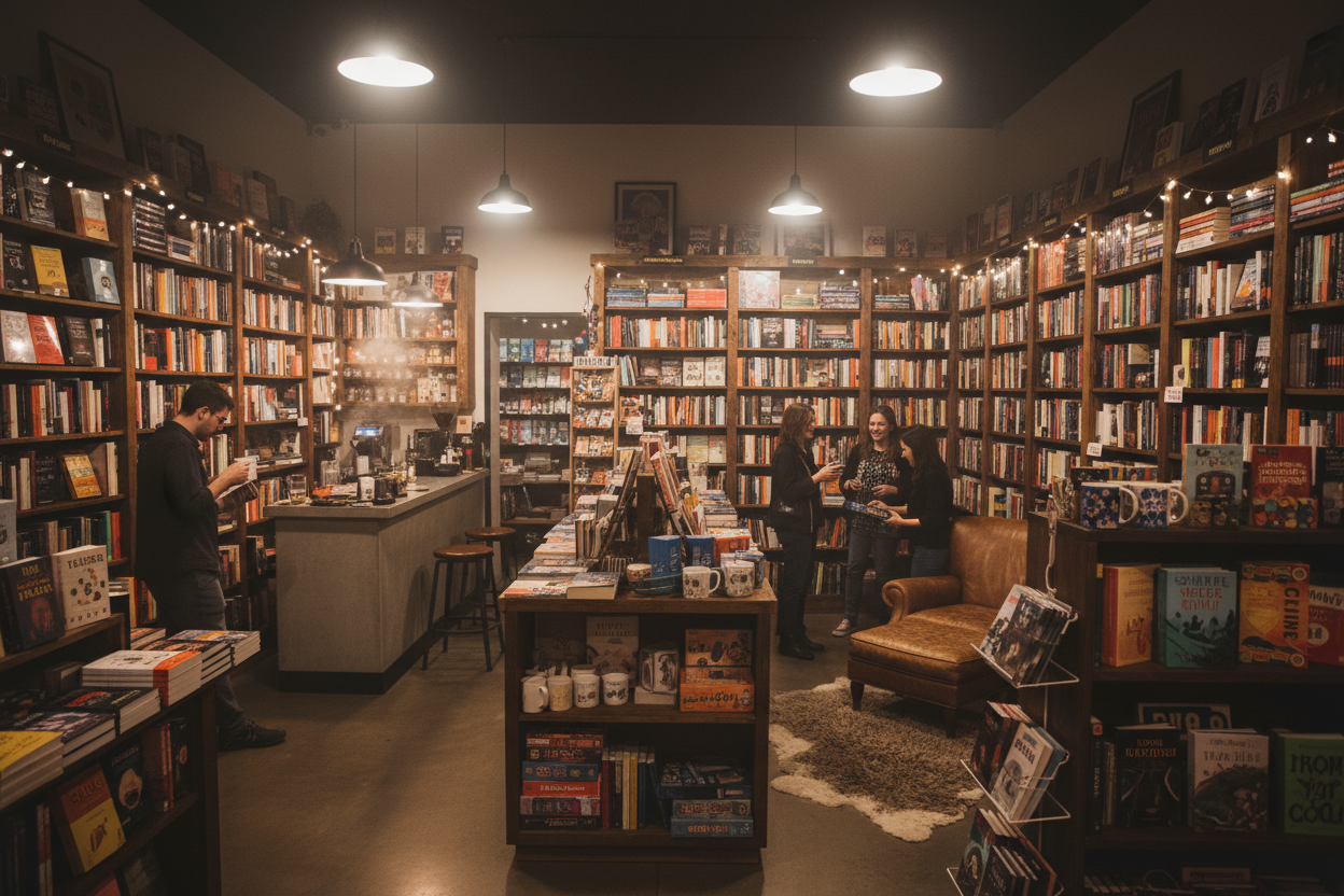 a dark but lively book store with a few patrons with shelves that have both books and games, gifts, cofee mugs, etc